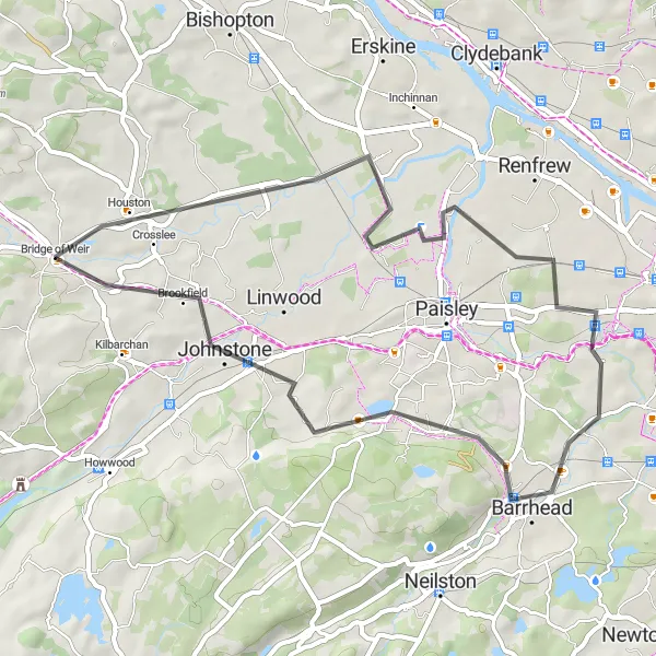 Map miniature of "The Houston Circular Route" cycling inspiration in West Central Scotland, United Kingdom. Generated by Tarmacs.app cycling route planner