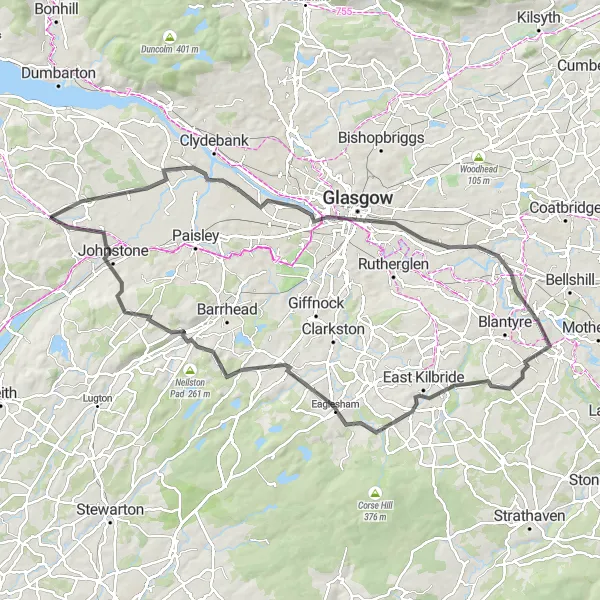 Map miniature of "Bridge of Weir to Eaglesham Loop" cycling inspiration in West Central Scotland, United Kingdom. Generated by Tarmacs.app cycling route planner