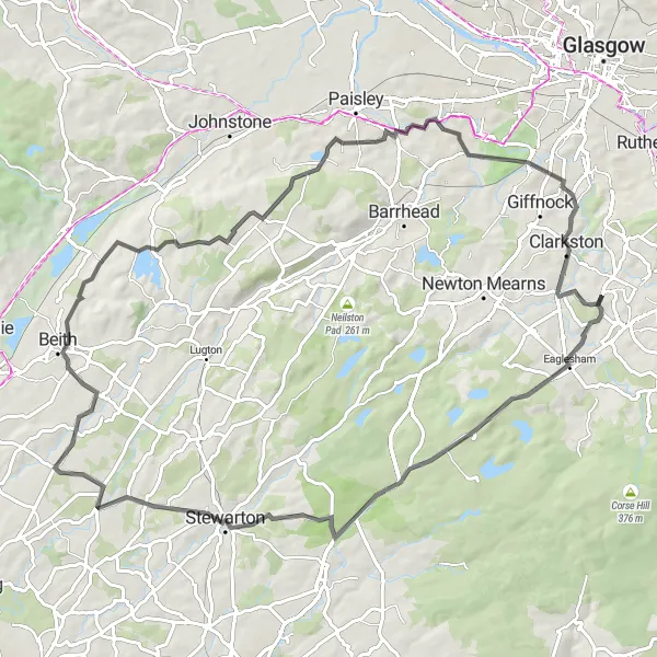 Map miniature of "Eaglesham Loop" cycling inspiration in West Central Scotland, United Kingdom. Generated by Tarmacs.app cycling route planner