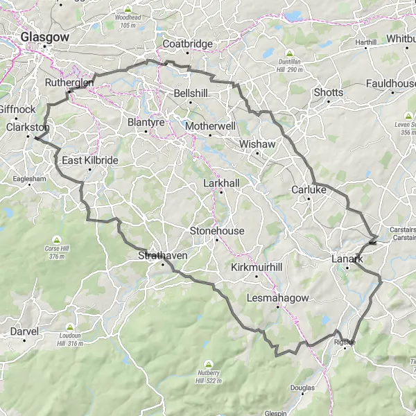 Map miniature of "The Broomhouse Circuit" cycling inspiration in West Central Scotland, United Kingdom. Generated by Tarmacs.app cycling route planner