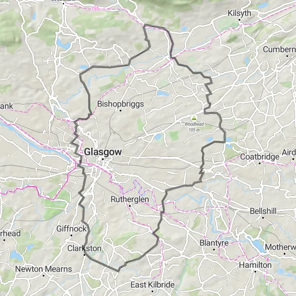 Map miniature of "Hill Of Chryston Loop" cycling inspiration in West Central Scotland, United Kingdom. Generated by Tarmacs.app cycling route planner