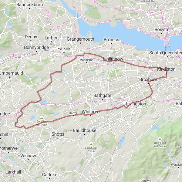 Map miniature of "Calderbank to Livingston Gravel Loop" cycling inspiration in West Central Scotland, United Kingdom. Generated by Tarmacs.app cycling route planner