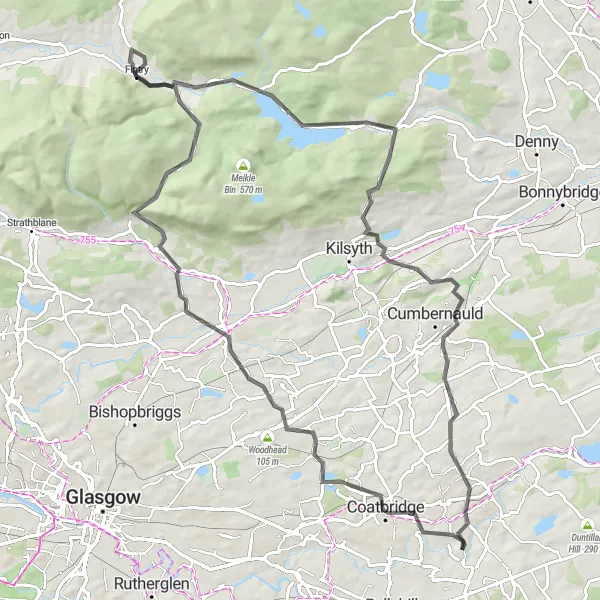 Map miniature of "Coatbridge and Campsies Loop" cycling inspiration in West Central Scotland, United Kingdom. Generated by Tarmacs.app cycling route planner