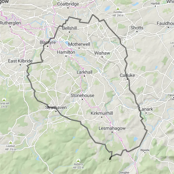 Map miniature of "New Lanark and Strathaven Loop" cycling inspiration in West Central Scotland, United Kingdom. Generated by Tarmacs.app cycling route planner