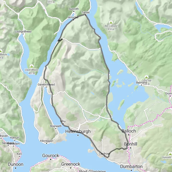 Map miniature of "Cardross to Helensburgh Loop" cycling inspiration in West Central Scotland, United Kingdom. Generated by Tarmacs.app cycling route planner