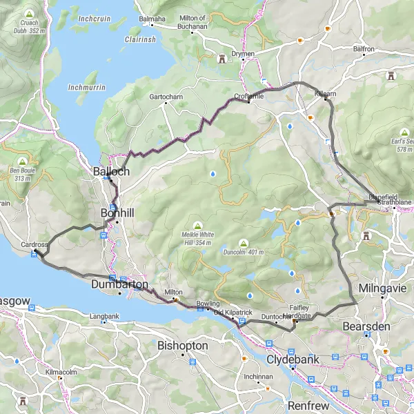 Map miniature of "Cardross to Killearn Loop" cycling inspiration in West Central Scotland, United Kingdom. Generated by Tarmacs.app cycling route planner