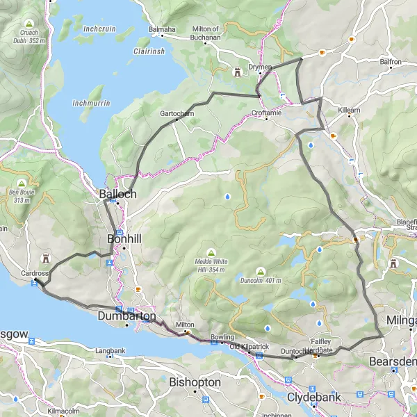 Map miniature of "Cardross to Drymen Loop" cycling inspiration in West Central Scotland, United Kingdom. Generated by Tarmacs.app cycling route planner