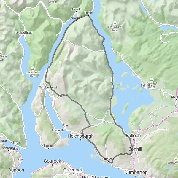 Map miniature of "Cardross to Tarbet Loop" cycling inspiration in West Central Scotland, United Kingdom. Generated by Tarmacs.app cycling route planner