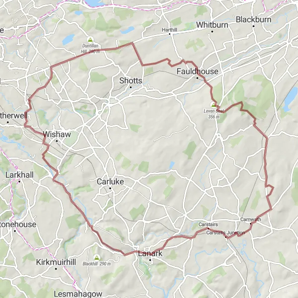 Map miniature of "Carfin to Crossford Gravel Round-Trip" cycling inspiration in West Central Scotland, United Kingdom. Generated by Tarmacs.app cycling route planner