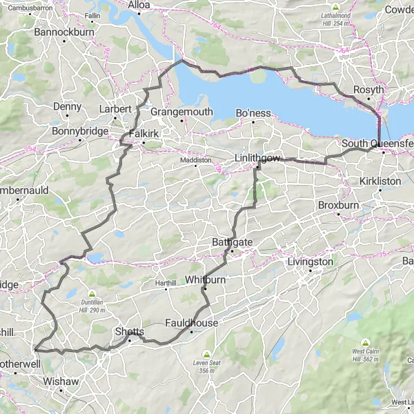 Map miniature of "Carfin to Forth Bridges Road Round-Trip" cycling inspiration in West Central Scotland, United Kingdom. Generated by Tarmacs.app cycling route planner