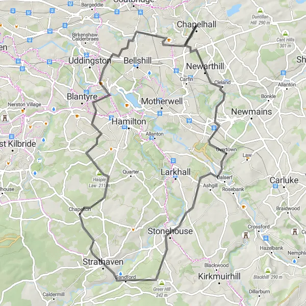 Map miniature of "Wishaw to Chapelhall Loop" cycling inspiration in West Central Scotland, United Kingdom. Generated by Tarmacs.app cycling route planner