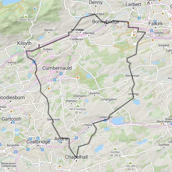 Map miniature of "Airdrie to Gartness Circuit" cycling inspiration in West Central Scotland, United Kingdom. Generated by Tarmacs.app cycling route planner