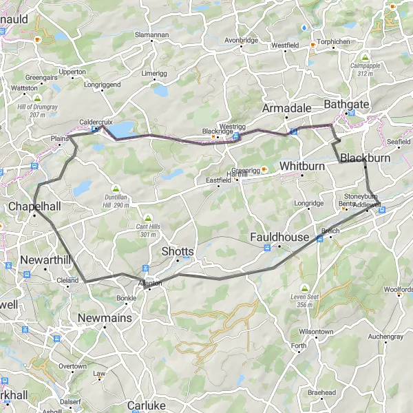 Map miniature of "Annies Hill to Caldercruix Circuit" cycling inspiration in West Central Scotland, United Kingdom. Generated by Tarmacs.app cycling route planner