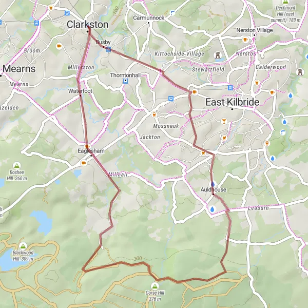 Map miniature of "Busby and Corse Hill Gravel Loop" cycling inspiration in West Central Scotland, United Kingdom. Generated by Tarmacs.app cycling route planner