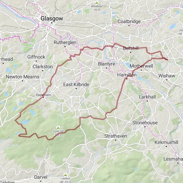 Map miniature of "Cleland to Carfin via Chapelton" cycling inspiration in West Central Scotland, United Kingdom. Generated by Tarmacs.app cycling route planner