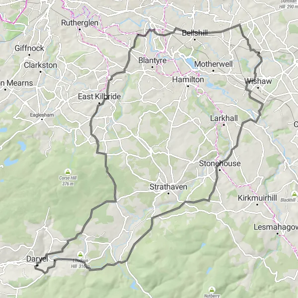 Map miniature of "Cleland to Overtown via Loudoun Hill" cycling inspiration in West Central Scotland, United Kingdom. Generated by Tarmacs.app cycling route planner