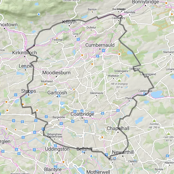 Map miniature of "Cleland to New Stevenston via Kelvinhead" cycling inspiration in West Central Scotland, United Kingdom. Generated by Tarmacs.app cycling route planner