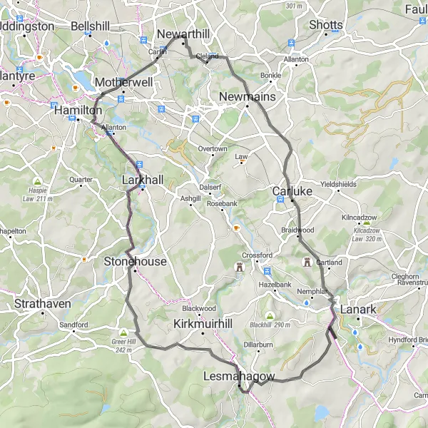 Map miniature of "Cleland to Lesmahagow via Stonehouse" cycling inspiration in West Central Scotland, United Kingdom. Generated by Tarmacs.app cycling route planner