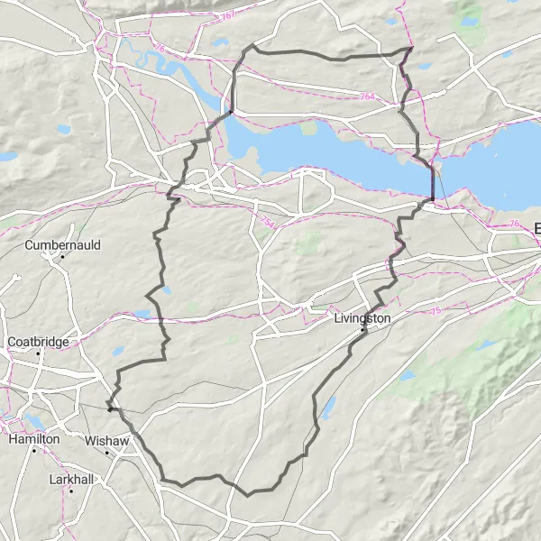 Map miniature of "Discovery of Hills and Trails" cycling inspiration in West Central Scotland, United Kingdom. Generated by Tarmacs.app cycling route planner