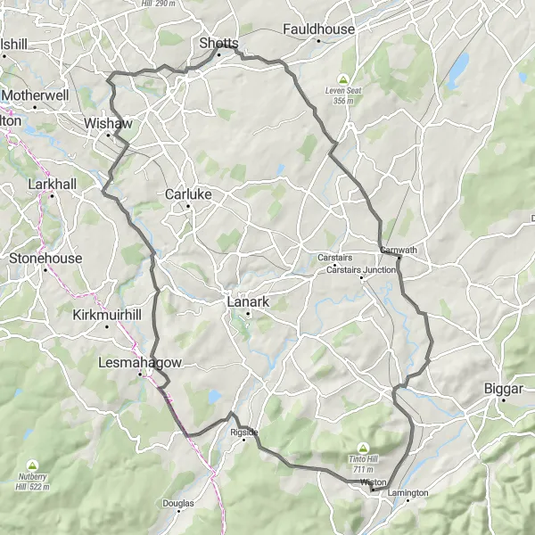 Map miniature of "Exploring the Moors and Hills" cycling inspiration in West Central Scotland, United Kingdom. Generated by Tarmacs.app cycling route planner