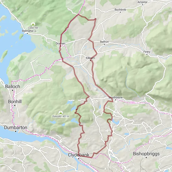 Map miniature of "Clydebank and Loch Lomond Gravel Route" cycling inspiration in West Central Scotland, United Kingdom. Generated by Tarmacs.app cycling route planner