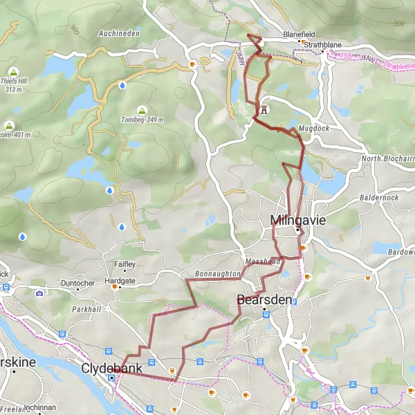 Map miniature of "Milngavie and Clydebank Gravel Route" cycling inspiration in West Central Scotland, United Kingdom. Generated by Tarmacs.app cycling route planner