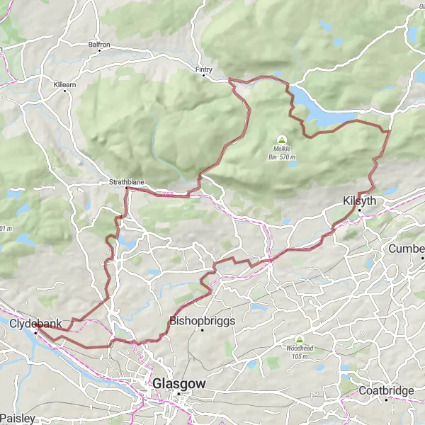 Map miniature of "Bearsden and Strathblane Gravel Loop" cycling inspiration in West Central Scotland, United Kingdom. Generated by Tarmacs.app cycling route planner
