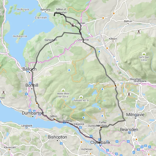 Map miniature of "Kilpatrick Loop" cycling inspiration in West Central Scotland, United Kingdom. Generated by Tarmacs.app cycling route planner