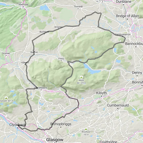 Map miniature of "Killearn and Cambusbarron Epic Road Adventure" cycling inspiration in West Central Scotland, United Kingdom. Generated by Tarmacs.app cycling route planner