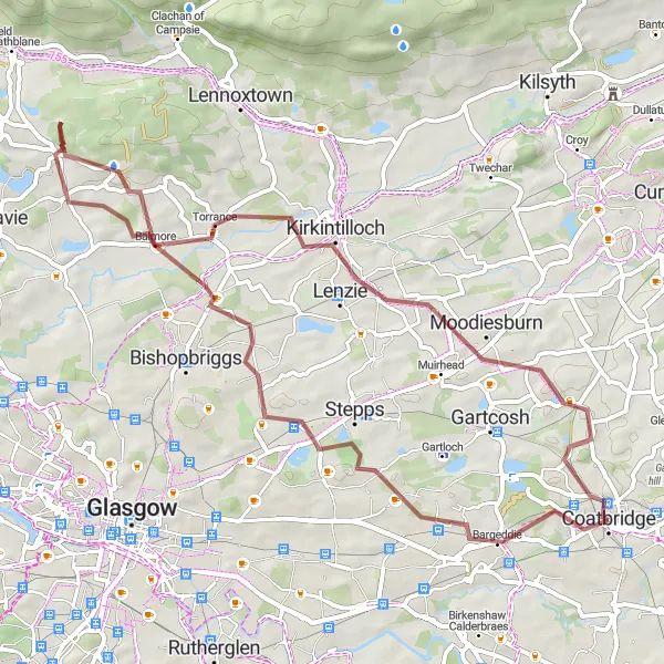 Map miniature of "Off the Beaten Gravel Path" cycling inspiration in West Central Scotland, United Kingdom. Generated by Tarmacs.app cycling route planner