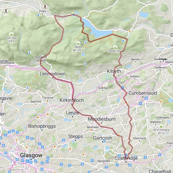 Map miniature of "Countryside Gravel Route" cycling inspiration in West Central Scotland, United Kingdom. Generated by Tarmacs.app cycling route planner