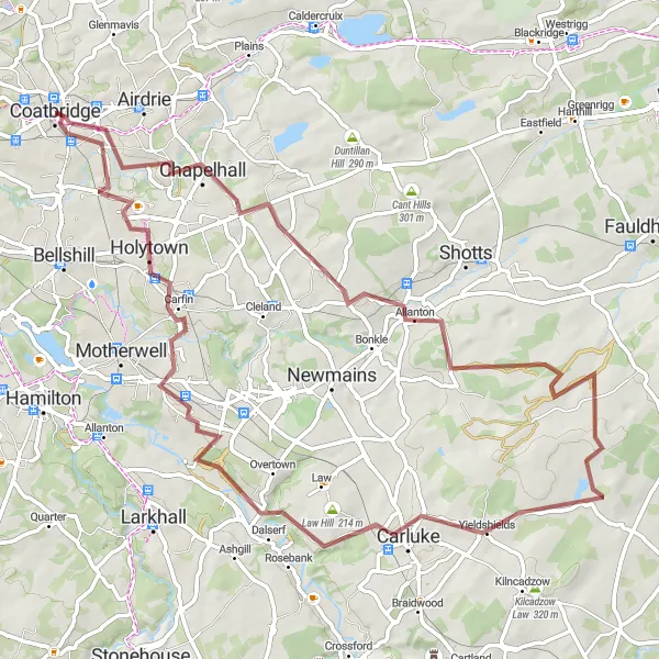 Map miniature of "Coatbridge Gravel Adventure" cycling inspiration in West Central Scotland, United Kingdom. Generated by Tarmacs.app cycling route planner