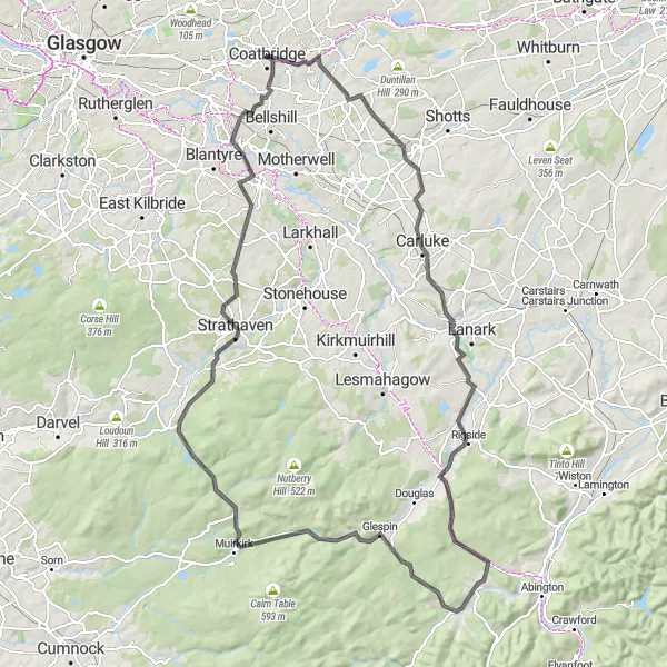 Map miniature of "The Airdrie Adventure" cycling inspiration in West Central Scotland, United Kingdom. Generated by Tarmacs.app cycling route planner