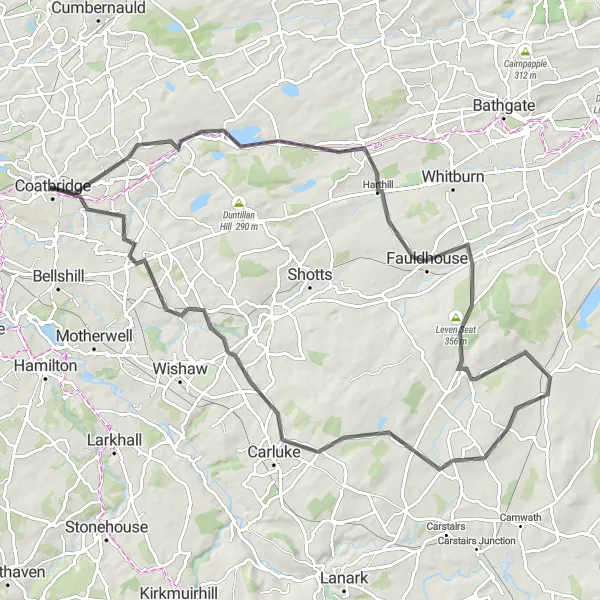 Map miniature of "Calderbank Road Explorer" cycling inspiration in West Central Scotland, United Kingdom. Generated by Tarmacs.app cycling route planner