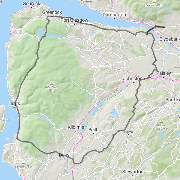 Map miniature of "Challenging Ride: Largs to Greenock via Elderslie and Dalry" cycling inspiration in West Central Scotland, United Kingdom. Generated by Tarmacs.app cycling route planner