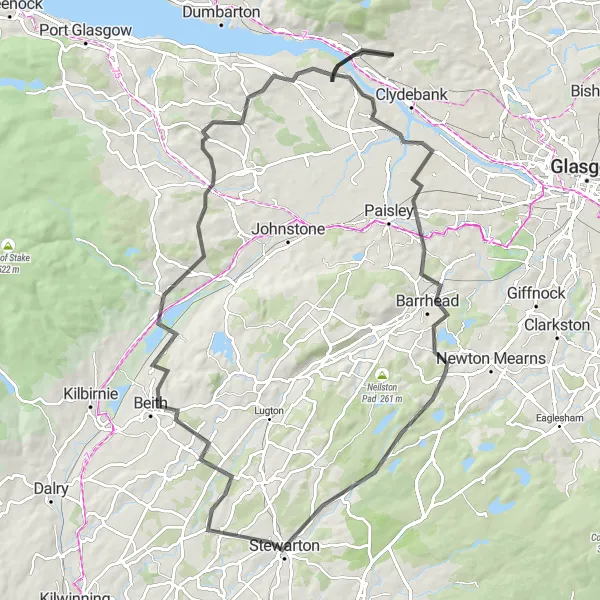 Map miniature of "Duntocher Loop: Explore the Countryside near Barrhead and Stewarton" cycling inspiration in West Central Scotland, United Kingdom. Generated by Tarmacs.app cycling route planner