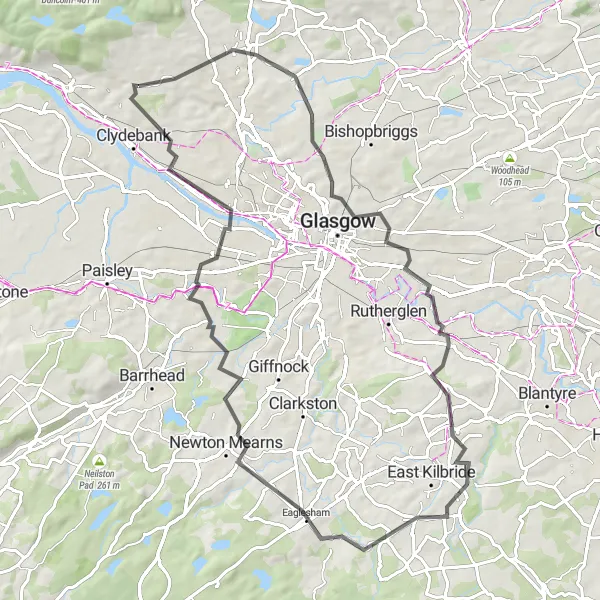 Map miniature of "Majestic Journey: Milngavie to Drumry via Eaglesham and Govan" cycling inspiration in West Central Scotland, United Kingdom. Generated by Tarmacs.app cycling route planner