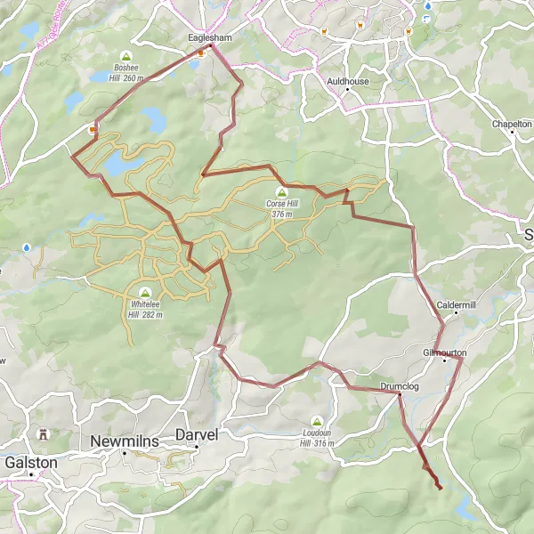 Map miniature of "Caldermill and Drumclog Gravel Adventure" cycling inspiration in West Central Scotland, United Kingdom. Generated by Tarmacs.app cycling route planner