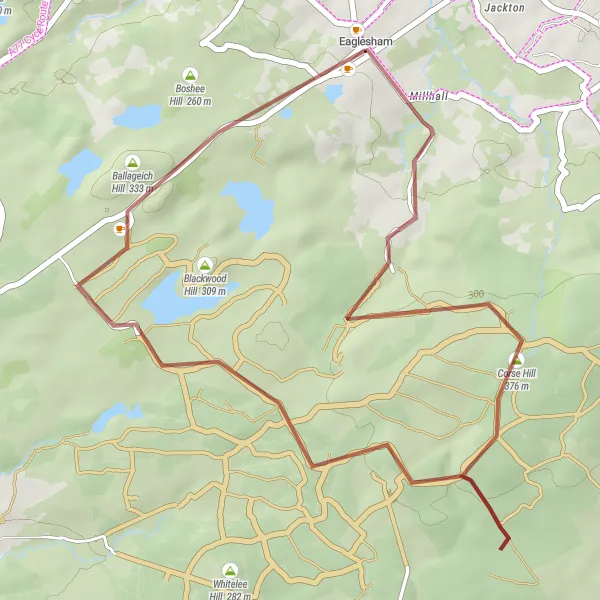 Map miniature of "Eaglesham and Whitelee Loop" cycling inspiration in West Central Scotland, United Kingdom. Generated by Tarmacs.app cycling route planner