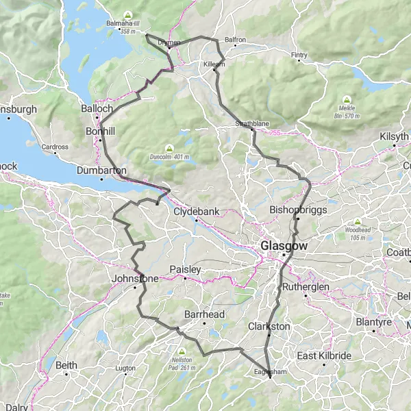 Map miniature of "The Newton Mearns Adventure" cycling inspiration in West Central Scotland, United Kingdom. Generated by Tarmacs.app cycling route planner