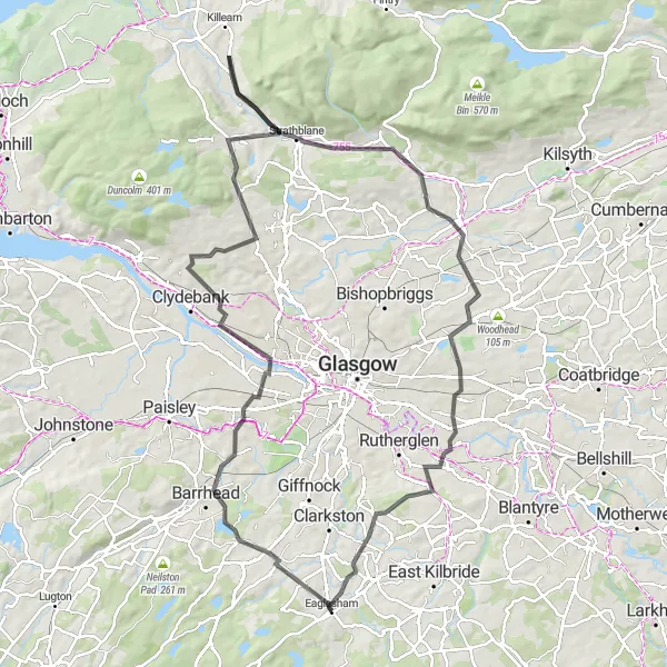 Map miniature of "Road Ride to Barrhead and Kirkintilloch" cycling inspiration in West Central Scotland, United Kingdom. Generated by Tarmacs.app cycling route planner