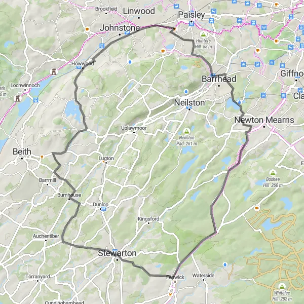 Map miniature of "Elderslie Circuit" cycling inspiration in West Central Scotland, United Kingdom. Generated by Tarmacs.app cycling route planner