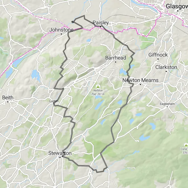 Map miniature of "Elderslie Loop" cycling inspiration in West Central Scotland, United Kingdom. Generated by Tarmacs.app cycling route planner