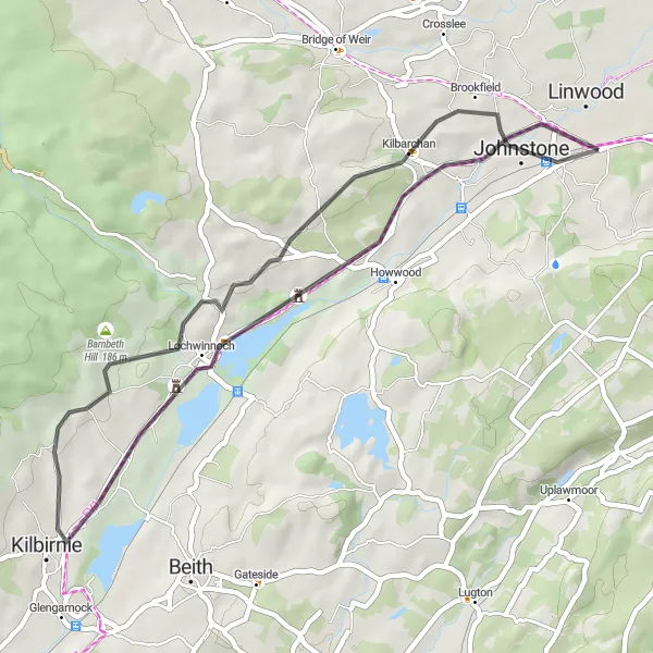 Map miniature of "Elderslie Exploration" cycling inspiration in West Central Scotland, United Kingdom. Generated by Tarmacs.app cycling route planner