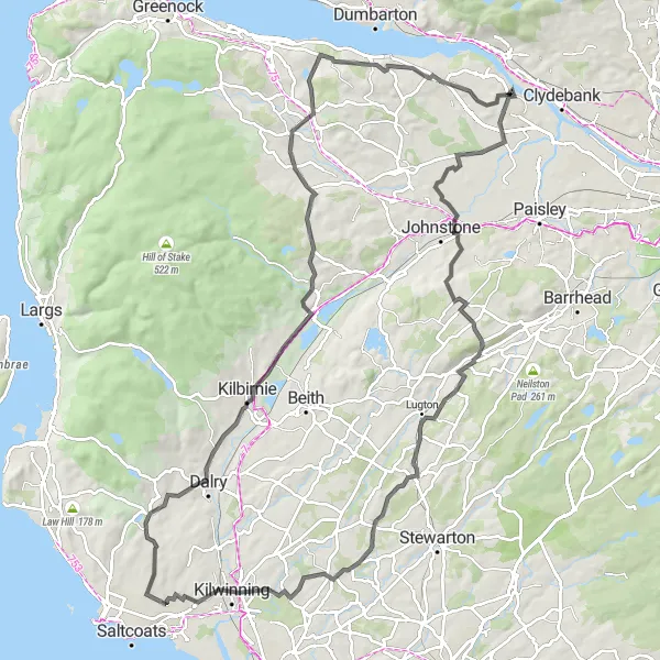 Map miniature of "Countryside Escape: Erskine to Kilwinning" cycling inspiration in West Central Scotland, United Kingdom. Generated by Tarmacs.app cycling route planner