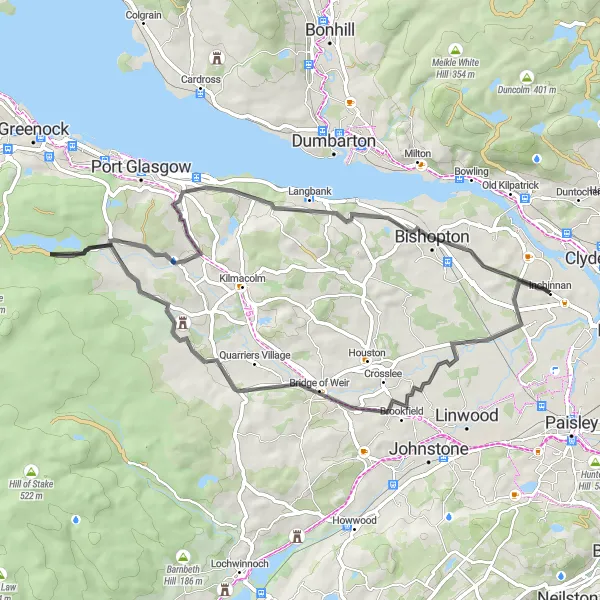 Map miniature of "Scenic Route: Erskine to Bridge of Weir" cycling inspiration in West Central Scotland, United Kingdom. Generated by Tarmacs.app cycling route planner