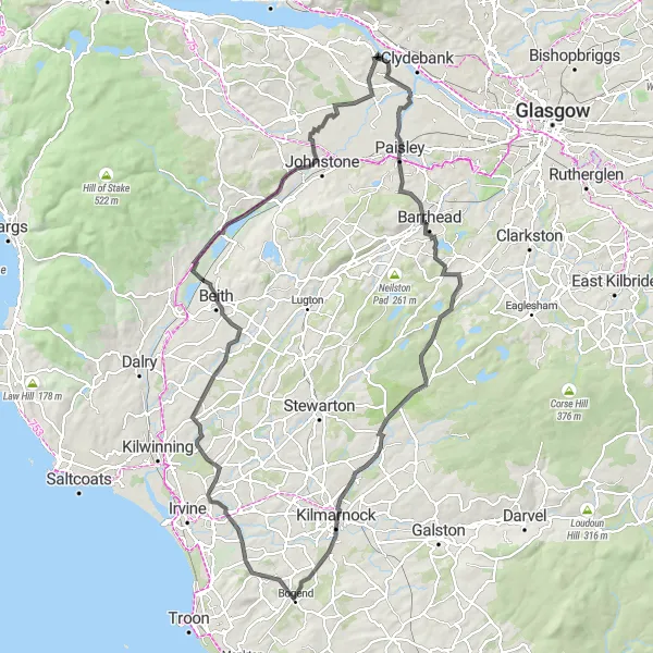 Map miniature of "Coastal Adventure: Erskine to Kilmarnock" cycling inspiration in West Central Scotland, United Kingdom. Generated by Tarmacs.app cycling route planner