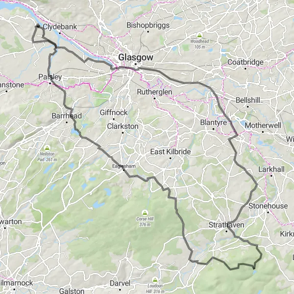Map miniature of "Historic Scotland: Erskine to Eaglesham" cycling inspiration in West Central Scotland, United Kingdom. Generated by Tarmacs.app cycling route planner