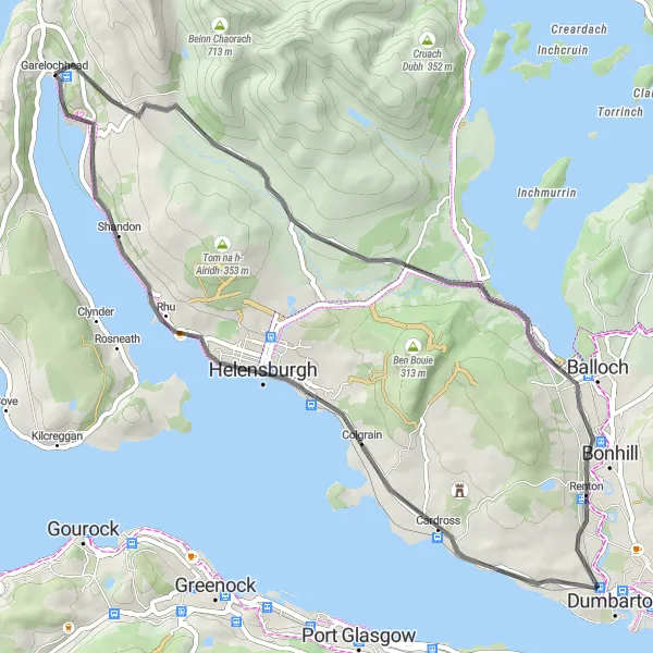 Map miniature of "Dumbarton Loop" cycling inspiration in West Central Scotland, United Kingdom. Generated by Tarmacs.app cycling route planner