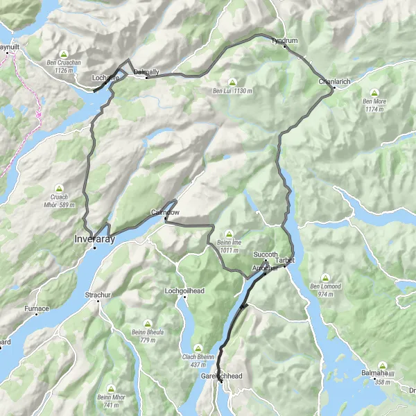 Map miniature of "Tom Buidhe Epic Route" cycling inspiration in West Central Scotland, United Kingdom. Generated by Tarmacs.app cycling route planner